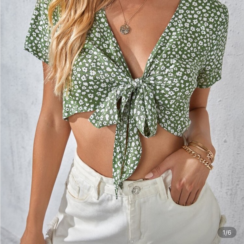 SHEIN Olive Floral Tie-Front Blouse